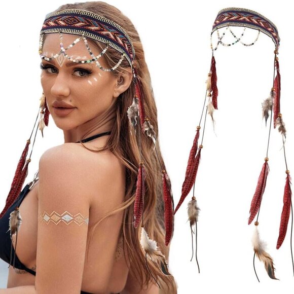 Boho Feather Headband Women Gypsy Beaded Hair Accessories Adjustable main image 5